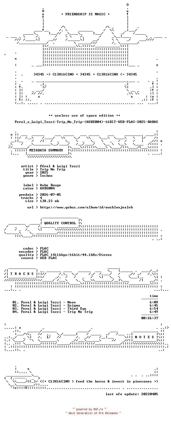NFO for the release Feral_x_Luigi_Tozzi-Trip_No_Trip-(AUBE004)-16BIT-WEB-FLAC-2025-BABAS by BABAS
