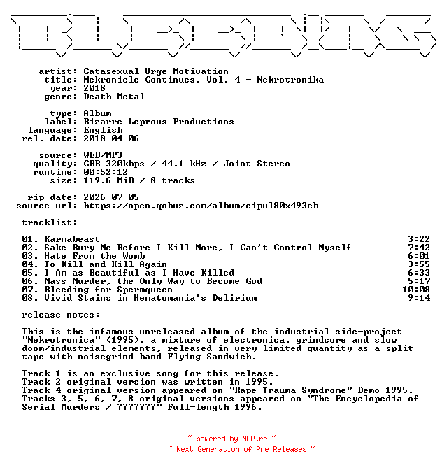NFO for the release Catasexual_Urge_Motivation-Nekronicle_Continues_Vol._4-Nekrotronika-WEB-2018-BLEEDiNG by BLEEDiNG
