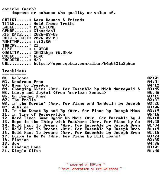 NFO for the release Lara_Downes_and_Friends-Hold_These_Truths-24BIT-WEB-FLAC-2026-ENRiCH by ENRiCH