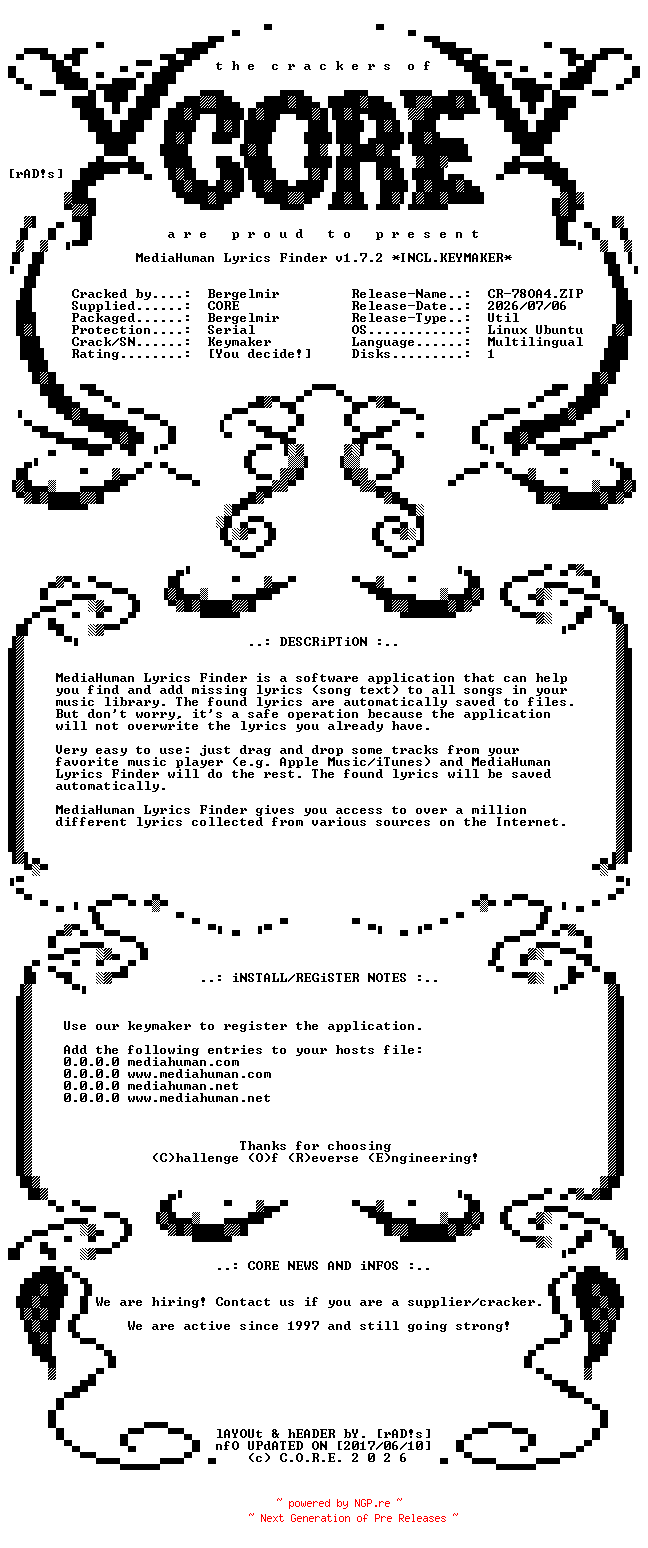 NFO for the release MediaHuman.Lyrics.Finder.v1.7.2.Linux.Ubuntu.Multilingual.Incl.Keymaker-CORE by CORE