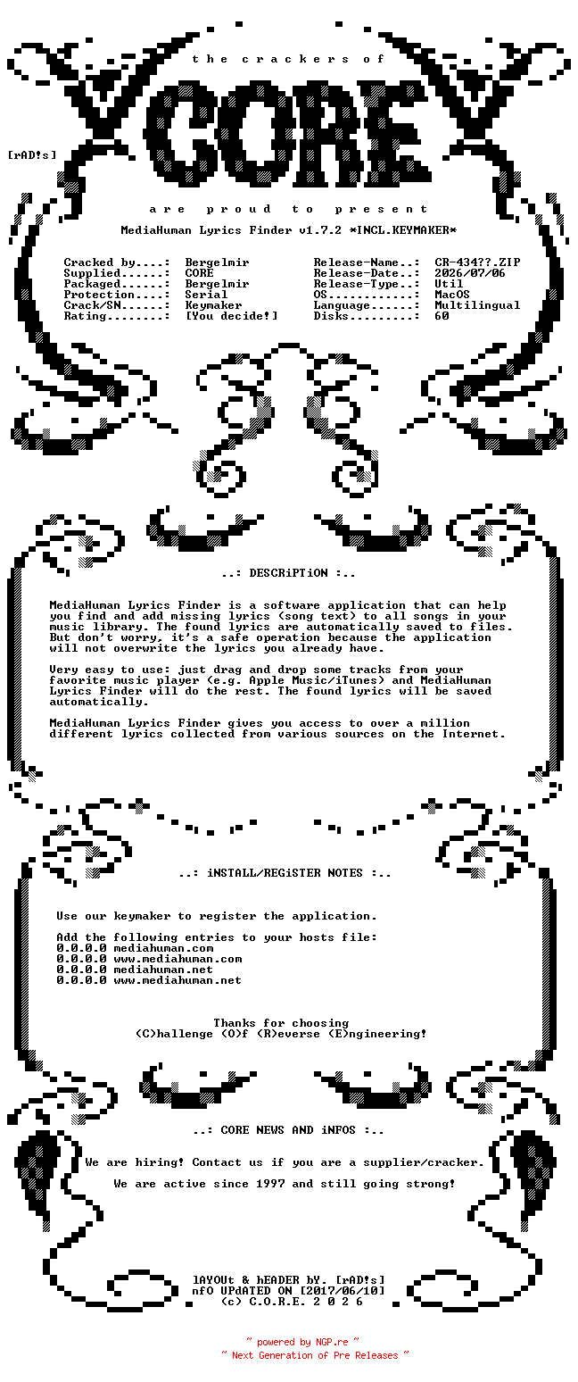 NFO for the release MediaHuman.Lyrics.Finder.v1.7.2.MacOS.ARM64.Multilingual.Incl.Keymaker-CORE by CORE