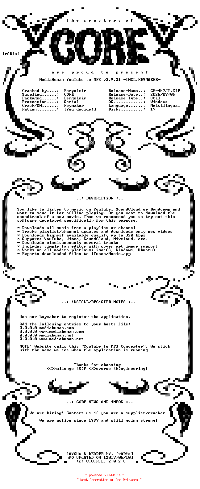 NFO for the release MediaHuman.YouTube.to.MP3.v3.9.21.x64.Multilingual.Incl.Keymaker-CORE by CORE