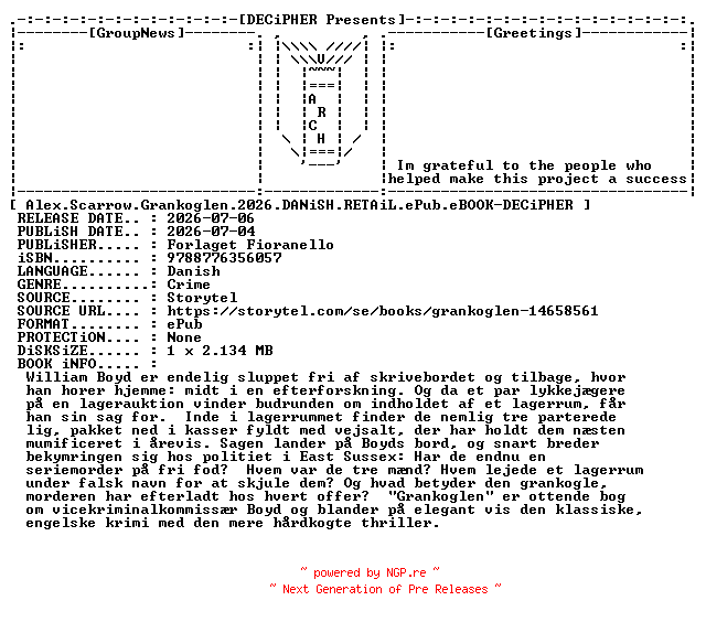 NFO for the release Alex.Scarrow.Grankoglen.2026.DANiSH.RETAiL.ePub.eBOOK-DECiPHER by DECiPHER