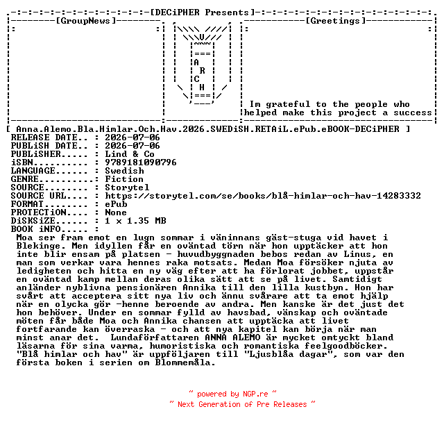 NFO for the release Anna.Alemo.Bla.Himlar.Och.Hav.2026.SWEDiSH.RETAiL.ePub.eBOOK-DECiPHER by DECiPHER