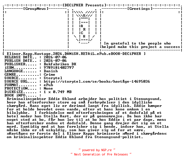 NFO for the release Elinor.Kapp.Havtage.2026.DANiSH.RETAiL.ePub.eBOOK-DECiPHER by DECiPHER