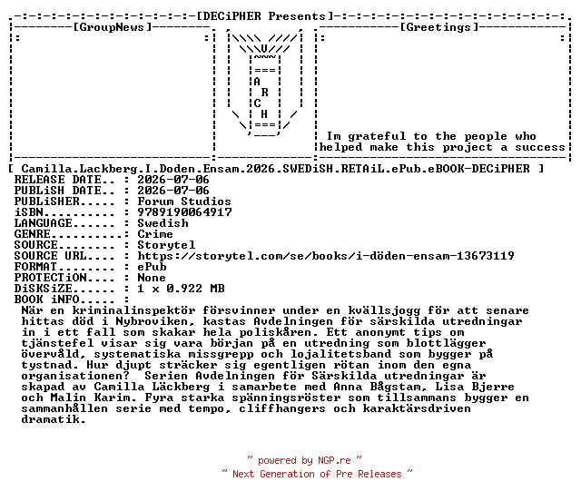 NFO for the release Camilla.Lackberg.I.Doden.Ensam.2026.SWEDiSH.RETAiL.ePub.eBOOK-DECiPHER by DECiPHER
