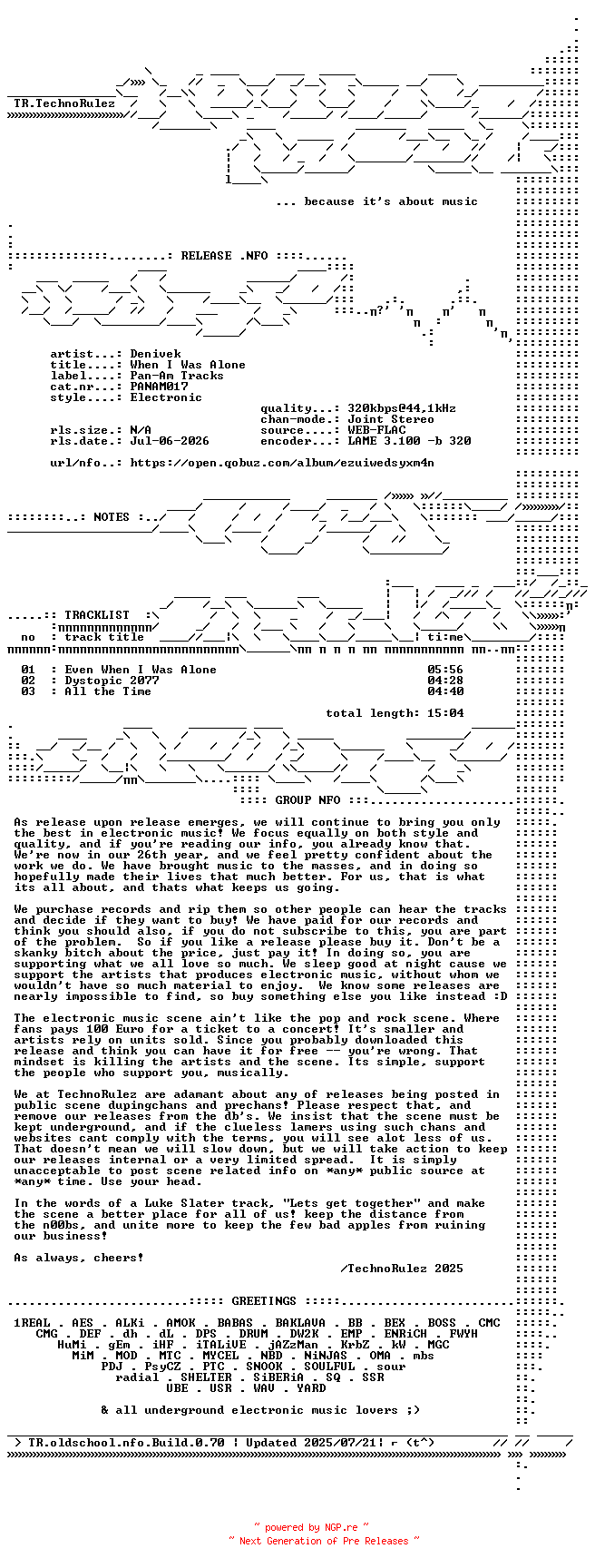 NFO for the release Denivek-When_I_Was_Alone-(PANAM017)-WEB-2026-TR by TR