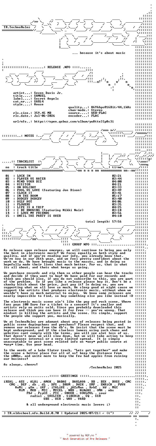 NFO for the release Seven_Davis_Jr.-SAMUEL-(SAR14)-16BIT-WEB-FLAC-2026-TR by TR