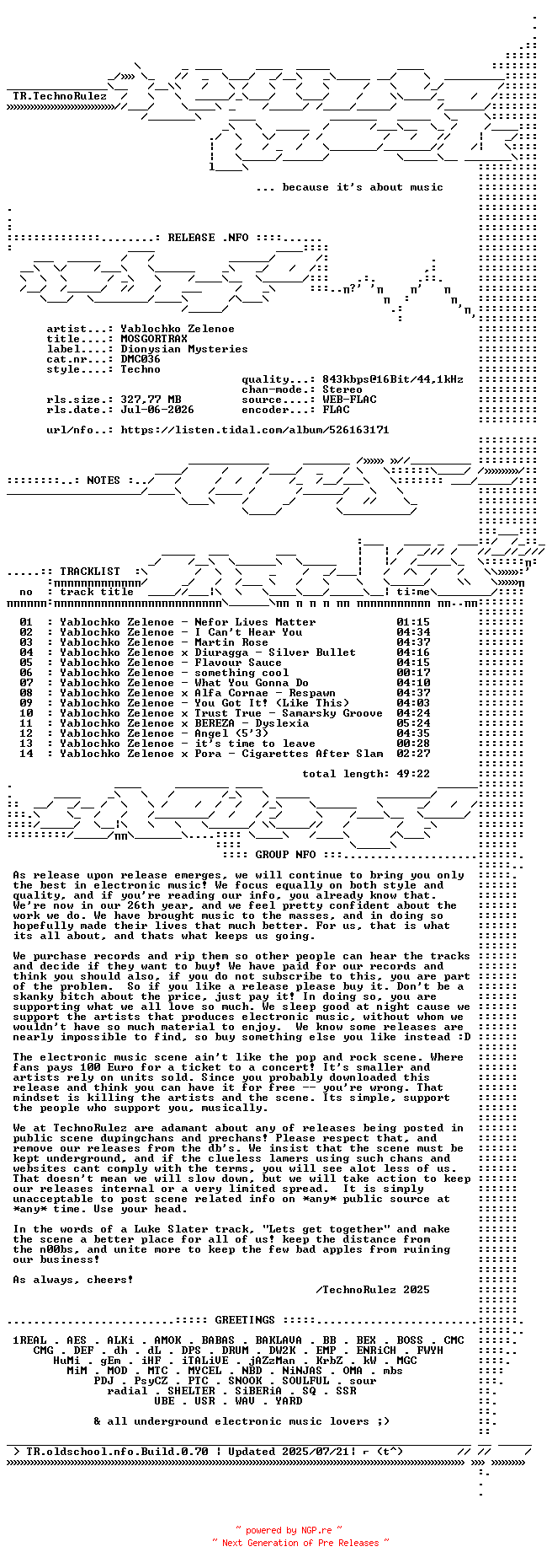 NFO for the release Yablochko_Zelenoe-MOSGORTRAX-(DMC036)-16BIT-WEB-FLAC-2026-TR by TR