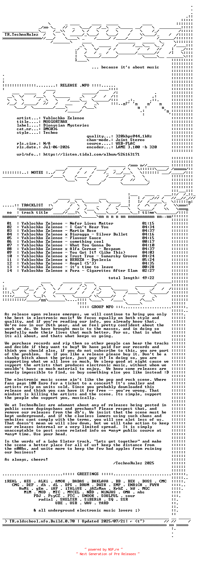 NFO for the release Yablochko_Zelenoe-MOSGORTRAX-(DMC036)-WEB-2026-TR by TR