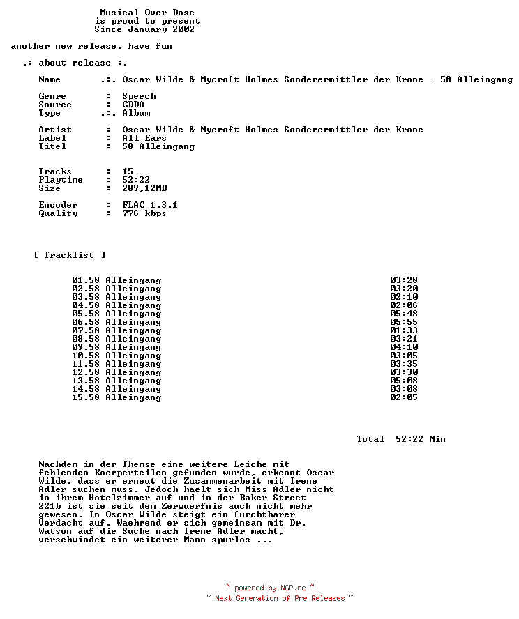 NFO for the release Oscar_Wilde_Und_Mycroft_Holmes_Sonderermittler_Der_Krone-58_Alleingang-DE-Audiobook-CD-FLAC-2026-MOD by MOD