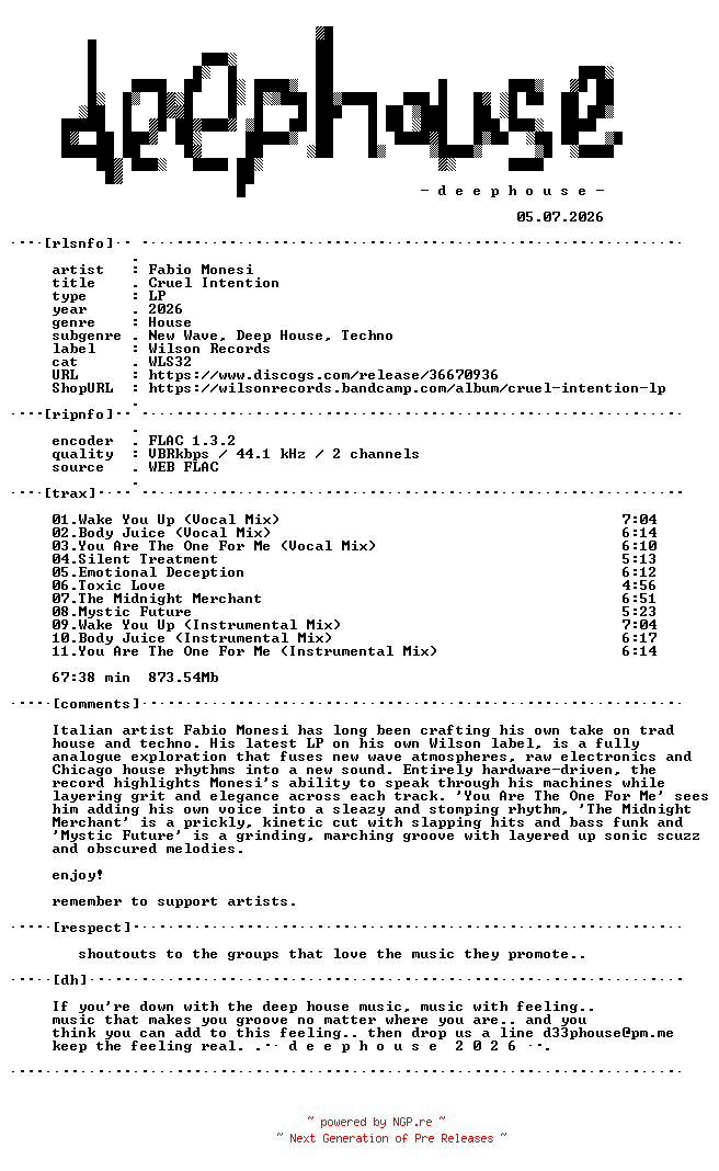 NFO for the release Fabio_Monesi-Cruel_Intention-(WLS32)-24BIT-WEB-FLAC-2026-dh by dh