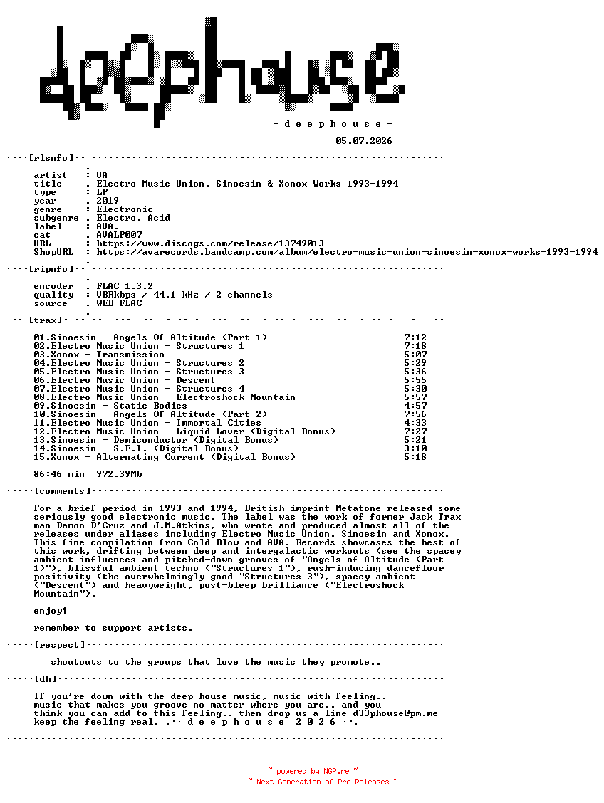 NFO for the release VA-Electro_Music_Union_Sinoesin_and_Xonox_Works_1993-1994-(AVALP007)-24BIT-WEB-FLAC-2019-dh by dh
