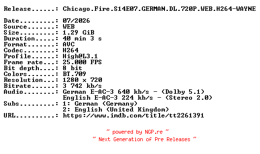 NFO for the release Chicago.Fire.S14E07.GERMAN.DL.720P.WEB.H264-WAYNE by WAYNE