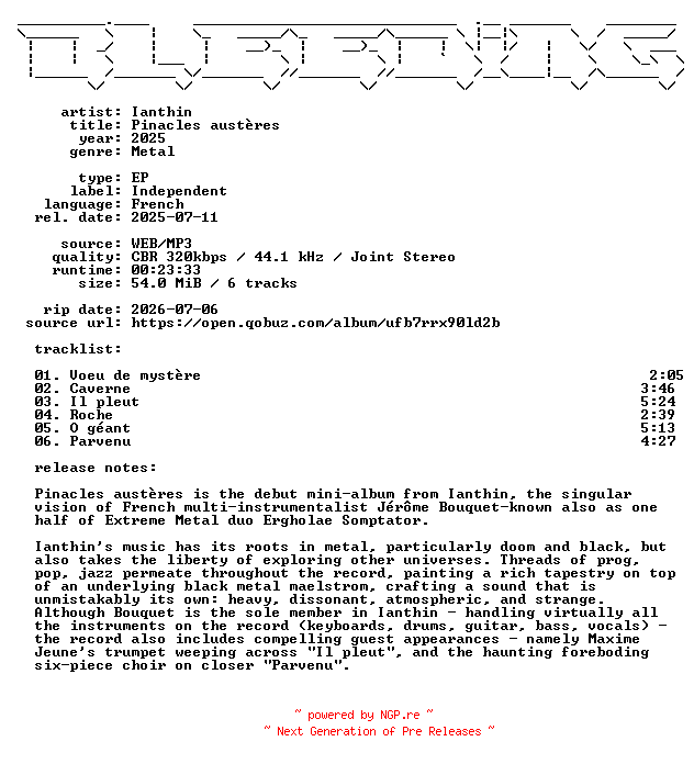 NFO for the release Ianthin-Pinacles_austeres-FR-EP-WEB-2025-BLEEDiNG by BLEEDiNG