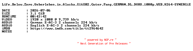 NFO for the release Life.Below.Zero.Ueberleben.in.Alaska.S16E02.Guter.Fang.GERMAN.DL.DOKU.1080p.WEB.H264-SYNERGiE by SYNERGiE