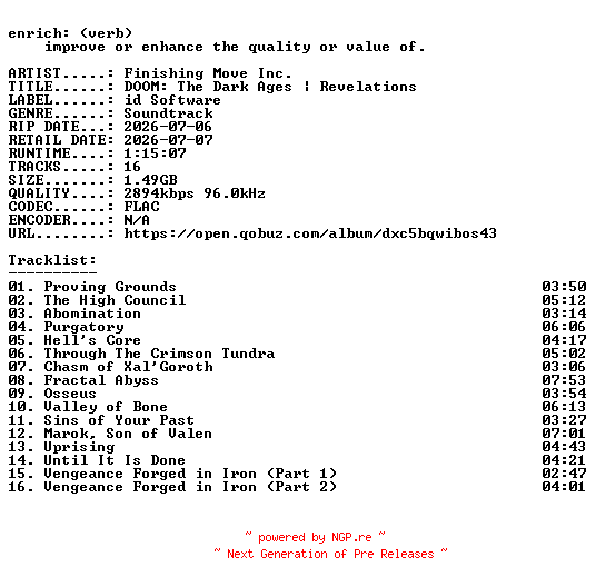 NFO for the release Finishing_Move_Inc.-DOOM_The_Dark_Ages__Revelations-OST-24BIT-WEB-FLAC-2026-ENRiCH by ENRiCH
