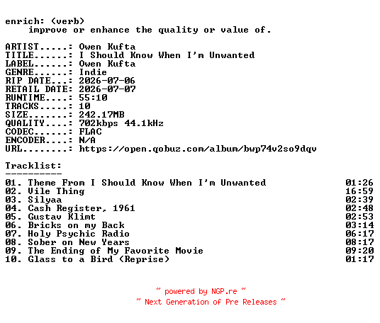 NFO for the release Owen_Kufta-I_Should_Know_When_Im_Unwanted-16BIT-WEB-FLAC-2026-ENRiCH by ENRiCH