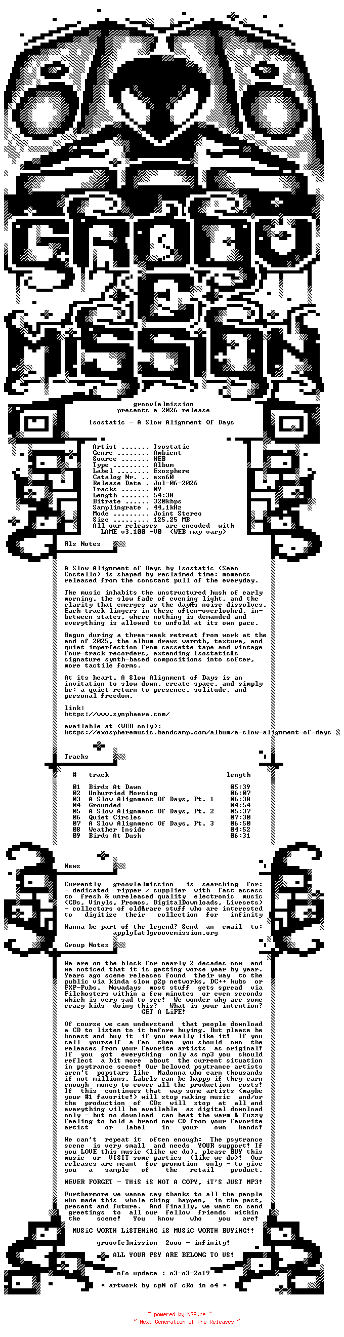 NFO for the release Isostatic_-_A_Slow_Alignment_Of_Days-(exo60)-WEB-2026-gEm by gEm