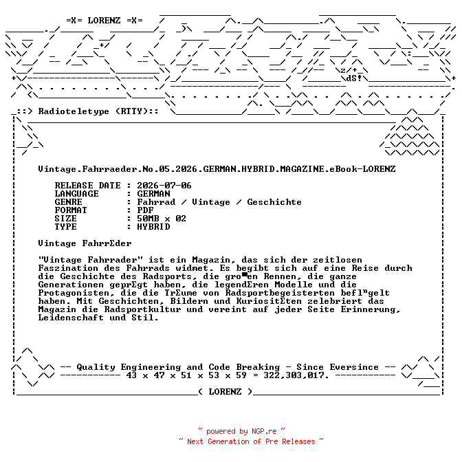 NFO for the release Vintage.Fahrraeder.No.05.2026.GERMAN.HYBRID.MAGAZINE.eBook-LORENZ by LORENZ
