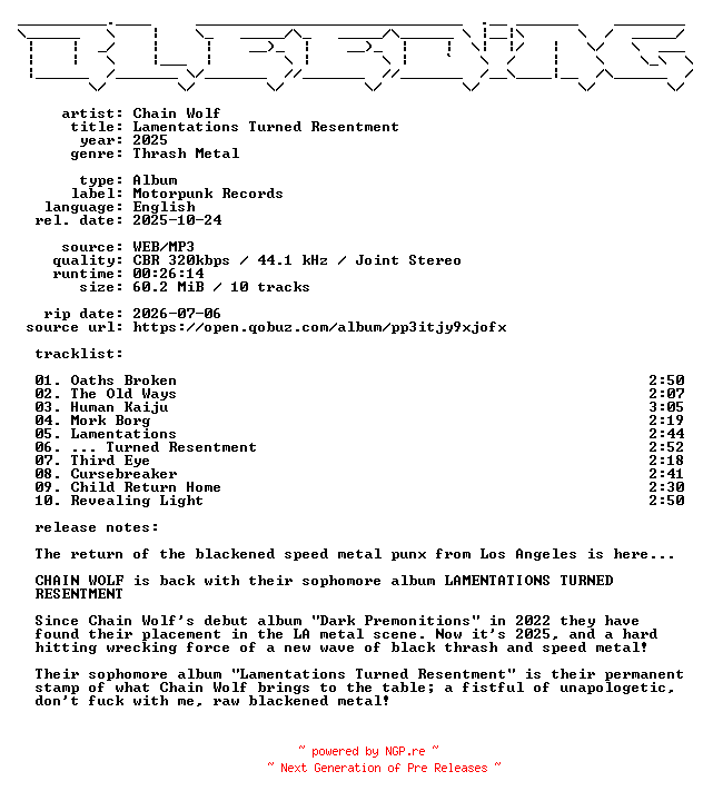 NFO for the release Chain_Wolf-Lamentations_Turned_Resentment-WEB-2025-BLEEDiNG by BLEEDiNG
