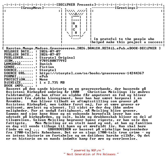 NFO for the release Karsten.Mungo.Madsen.Gravroeveren.2026.DANiSH.RETAiL.ePub.eBOOK-DECiPHER by DECiPHER