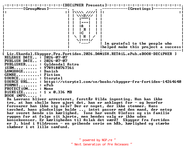 NFO for the release Liz.Skardal.Skygger.Fra.Fortiden.2026.DANiSH.RETAiL.ePub.eBOOK-DECiPHER by DECiPHER