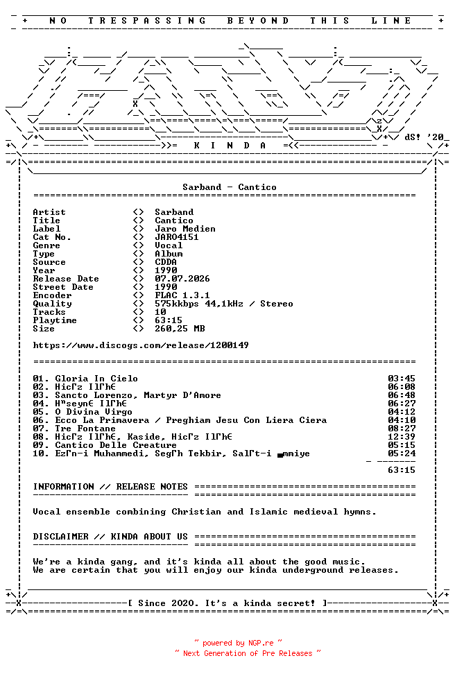 NFO for the release Sarband-Cantico-(JARO4151)-CD-FLAC-1990-KINDA by KINDA