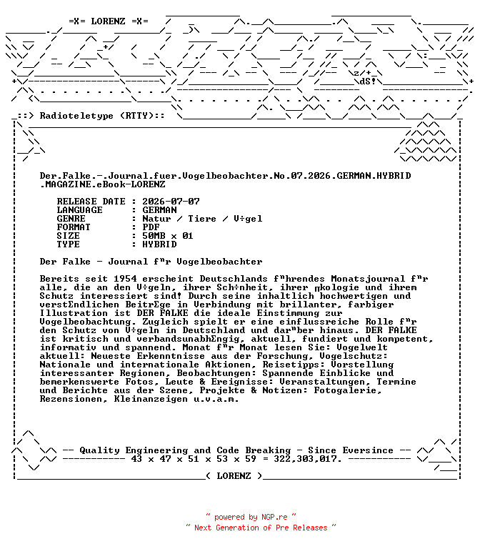 NFO for the release Der.Falke.-.Journal.fuer.Vogelbeobachter.No.07.2026.GERMAN.HYBRID.MAGAZINE.eBook-LORENZ by LORENZ