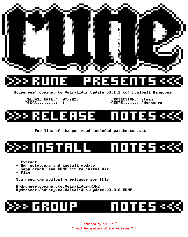 NFO for the release Hydroneer.Journey.to.Volcalidus.Update.v3.1.1-RUNE by RUNE