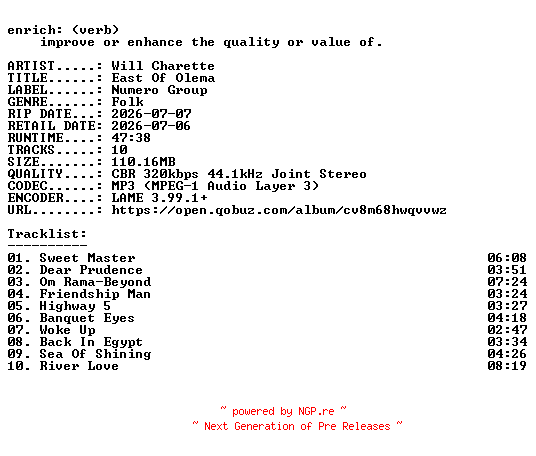 NFO for the release Will_Charette-East_Of_Olema-WEB-2026-ENRiCH by ENRiCH