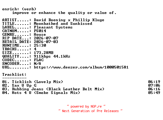 NFO for the release David_Boening_x_Phillip_Kluge-Moonbathed_and_Sunkissed-(PS014)-16BIT-WEB-FLAC-2026-ENRiCH by ENRiCH