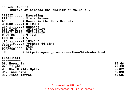 NFO for the release Mayerling-Finis_Terrae-(HITD081)-16BIT-WEB-FLAC-2026-ENRiCH by ENRiCH