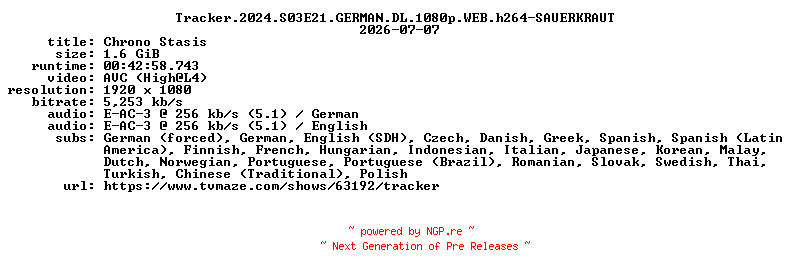 NFO for the release Tracker.2024.S03E21.GERMAN.DL.1080p.WEB.h264-SAUERKRAUT by SAUERKRAUT