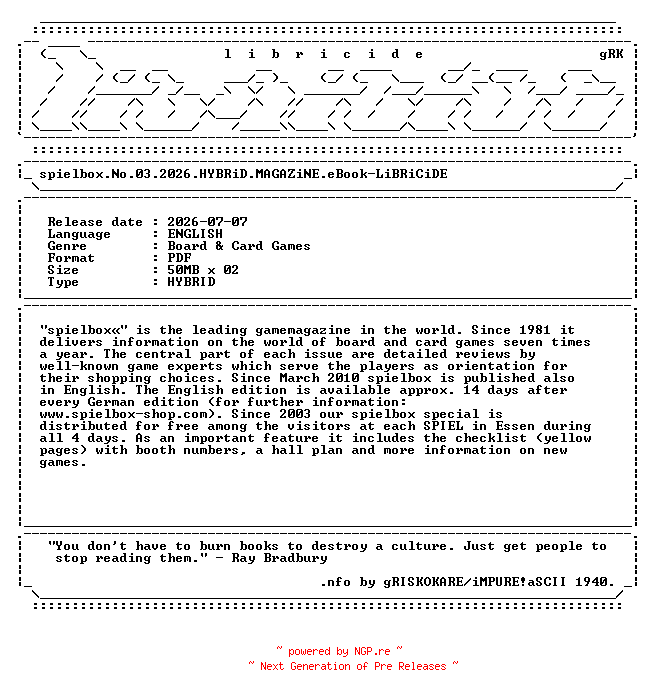 NFO for the release spielbox.No.03.2026.HYBRiD.MAGAZiNE.eBook-LiBRiCiDE by LiBRiCiDE