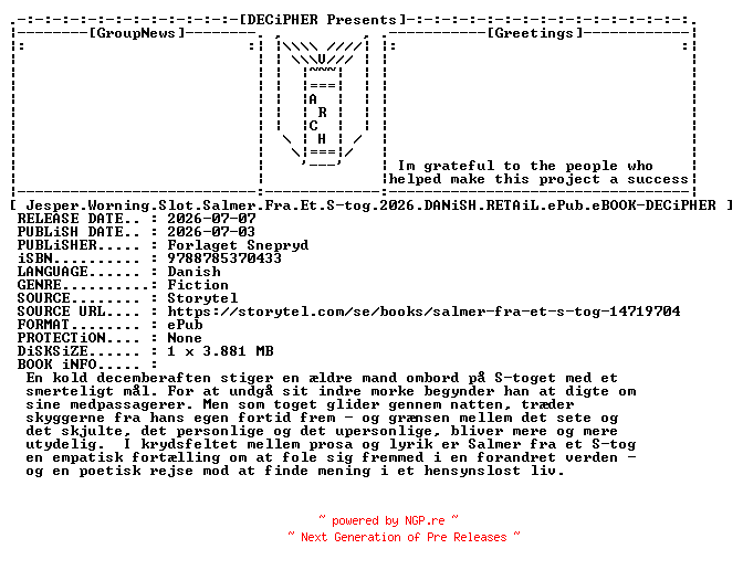 NFO for the release Jesper.Worning.Slot.Salmer.Fra.Et.S.Tog.2026.DANiSH.RETAiL.ePub.eBOOK-DECiPHER by DECiPHER