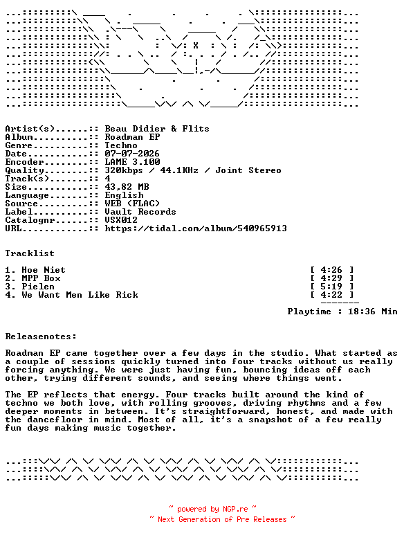 NFO for the release Beau_Didier_And_Flits-Roadman_EP-VSX012-WEB-2026-WAV by WAV