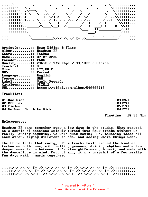 NFO for the release Beau_Didier_And_Flits-Roadman_EP-VSX012-24BIT-WEB-FLAC-2026-WAVED by WAVED