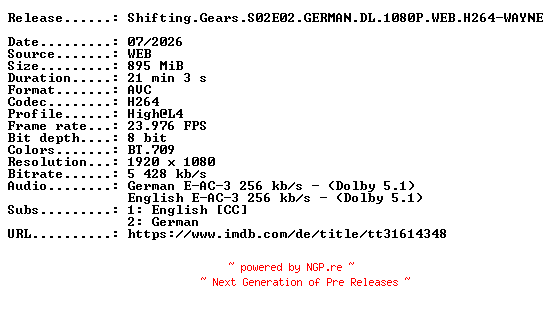 NFO for the release Shifting.Gears.S02E02.GERMAN.DL.1080P.WEB.H264-WAYNE by WAYNE