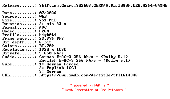 NFO for the release Shifting.Gears.S02E03.GERMAN.DL.1080P.WEB.H264-WAYNE by WAYNE