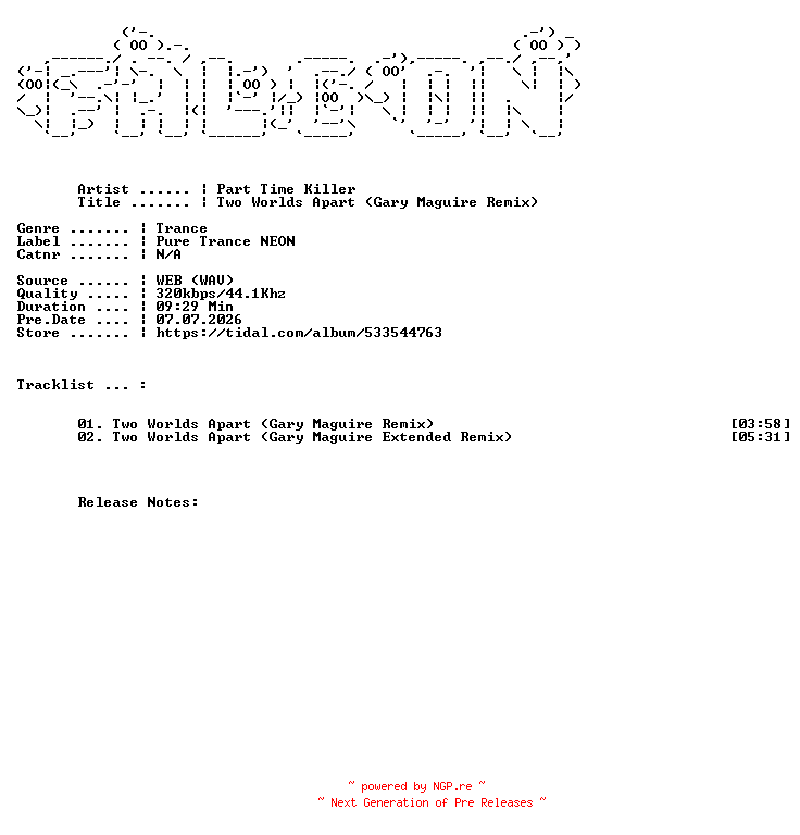 NFO for the release Part_Time_Killer-Two_Worlds_Apart_Gary_Maguire_Remix-WEB-2026-FALCON by FALCON