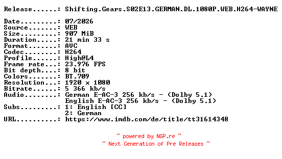 NFO for the release Shifting.Gears.S02E13.GERMAN.DL.1080P.WEB.H264-WAYNE by WAYNE