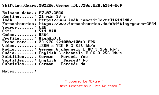 NFO for the release Shifting.Gears.S02E06.German.DL.720p.WEB.h264-WvF by WvF
