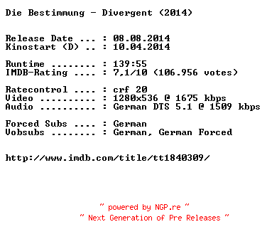 NFO for the release Die.Bestimmung.Divergent.German.720p.BluRay.x264-EXQUiSiTE by EXQUiSiTE
