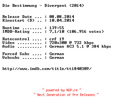 NFO for the release Die.Bestimmung.Divergent.German.BDRiP.x264-EXQUiSiTE by EXQUiSiTE