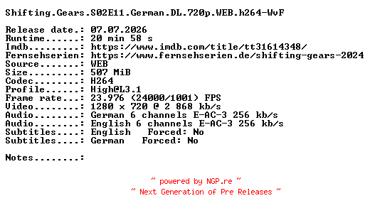NFO for the release Shifting.Gears.S02E11.German.DL.720p.WEB.h264-WvF by WvF