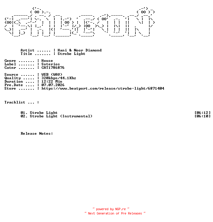 NFO for the release Hani_And_Noor_Diamond-Strobe_Light-(CAT1786876)-WEB-2026-FALCON by FALCON