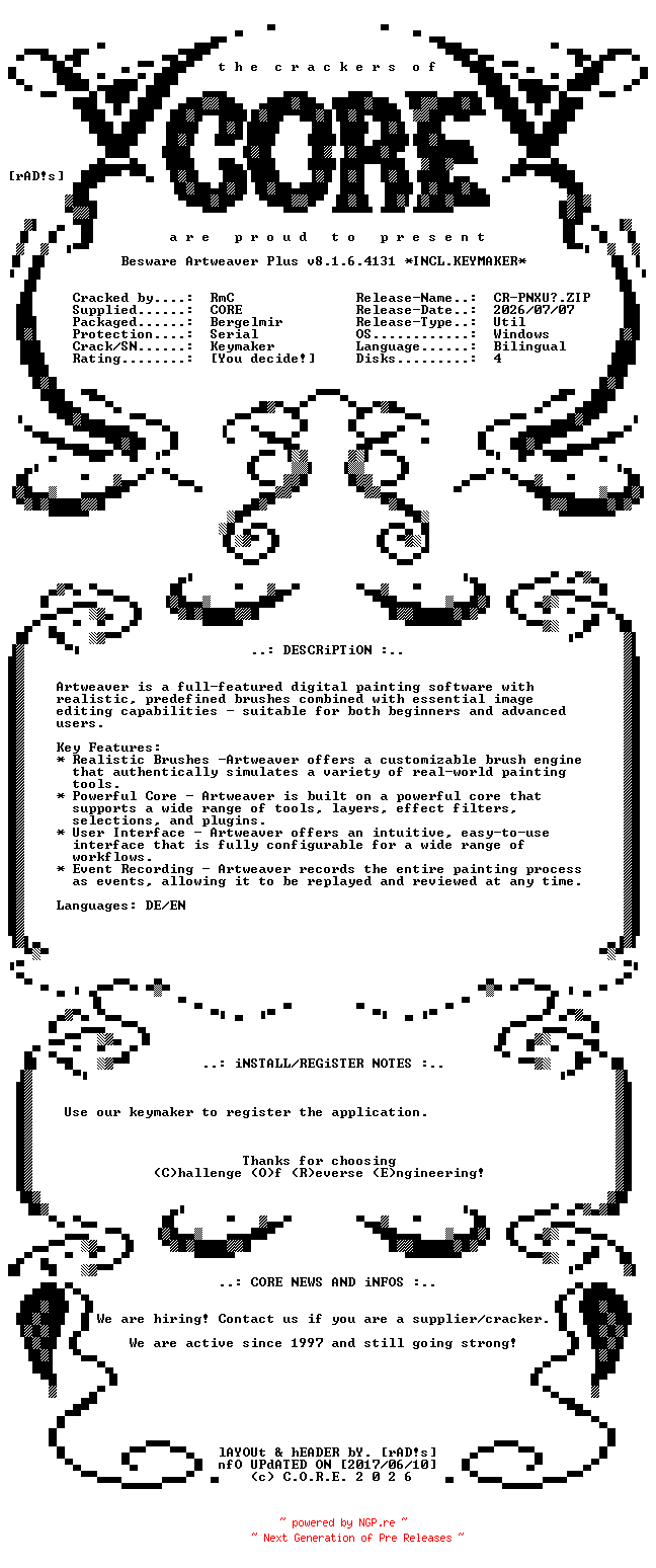 NFO for the release Besware.Artweaver.Plus.v8.1.6.4131.x64.Bilingual.Incl.Keymaker-CORE by CORE