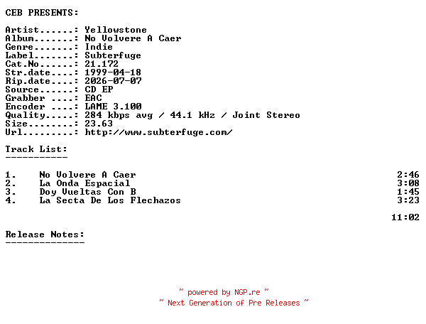 NFO for the release Yellowstone-No_Volvere_A_Caer-(21.172)-ES-CDEP-1999-CEB by CEB