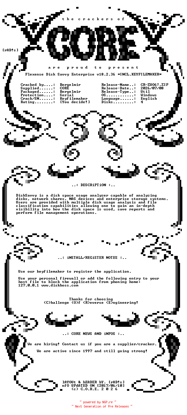 NFO for the release Flexense.Disk.Savvy.Enterprise.v18.2.36.Incl.Keyfilemaker-CORE by CORE